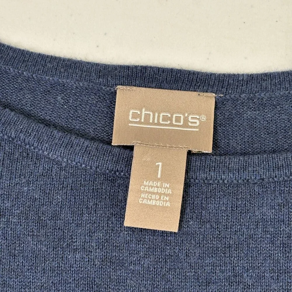 Chicos Touch of Cashmere Striped Sweater Size 1 US M 8 10 Blue Indigo Pullover